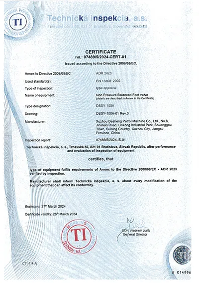 ADR Certification (Non Pressure Balanced Foot valve)